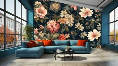 Beautiful fantasy vintage wallpaper botanical flower bunch,vintage motif for floral print digital background Wall mural