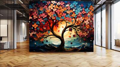 Elegant colorful tree with vibrant leaves hanging branches. 3d abstraction wallpaper Wall mural