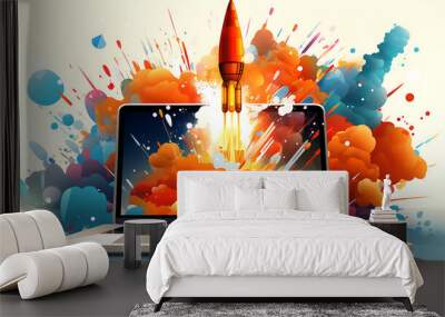 Rocket coming out of laptop screen, blue background. AI digital illustration Wall mural