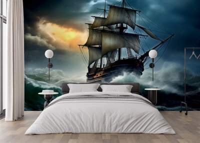 Sail ship braving the waves of a wild stormy sea at night Wall mural