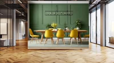 Stylish Modern Dining Room Interior: 3D Render of a Wooden Table and Chairs Against a Wall Wall mural