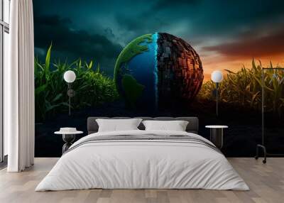 A globe split in two, symbolizing nature vs. tech. Wall mural