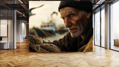 An elderly fisherman gazes intently at the sea, a weathered face reflecting a lifetime at sea. Wall mural