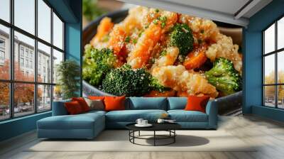 Close-up of a delicious plate of fried sweet potato and broccoli. Wall mural