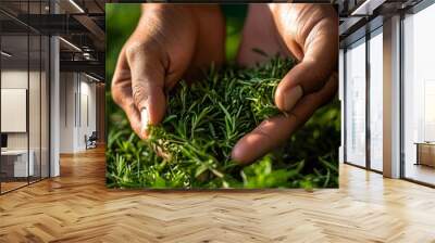 Close-up of hands cupping fresh rosemary. Wall mural