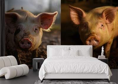 Two muddy piglets stare into the camera. Wall mural