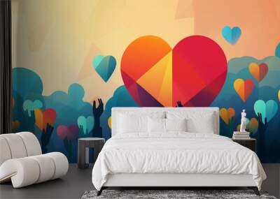 Charity illustration concept with abstract, diverse persons, hands and hearts. Wall mural