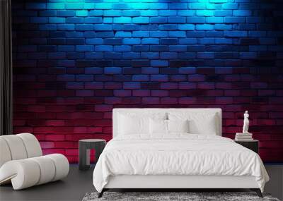 Neon light on brick walls that are not plastered background and texture. Lighting effect red and blue neon background  Wall mural