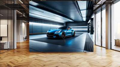 Exterior design of a futuristic garage with a sci-fi vibe and futuristic electric car featuring metallic walls, neon lighting, and cutting-edge technology to showcase modern sports car | Generative AI Wall mural