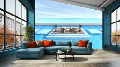 empty exterior with Sunbathing deck and Wood sofa with swimming pool and sea 3d rendering Vacation time Wall mural