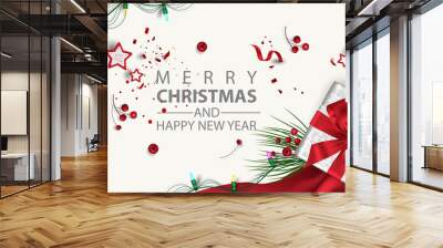 Horizontal Christmas and Happy New Year banner Xmas sparkling lights garland with gifts box greeting cards, headers, website Objects viewed from above. Flat lay, Top view elements for promotion Isolat Wall mural