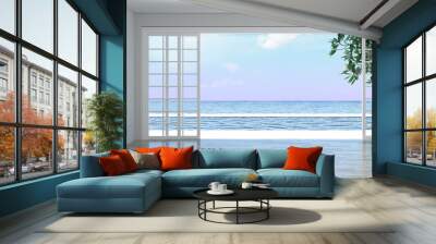 Luxury empty room interior villa with wooden floor, aerial sea view 3d illustration summer holiday Wall mural