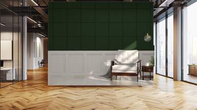 white armchair in front of green wall white lamp and sideboard in vintage empty room 3d rendering lu Wall mural