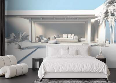 White exterior design  with the pool villa sofa and chairs 3D Rendering Wall mural