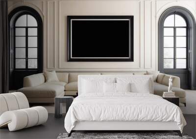 modern living room with two arched windows and a black blank frame on the wall  Wall mural