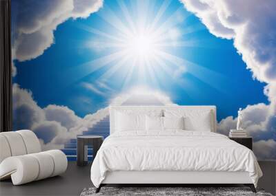 stairway to heaven, spiritual journey to heaven, a heavenly light glowing in the end of the stairs. Wall mural