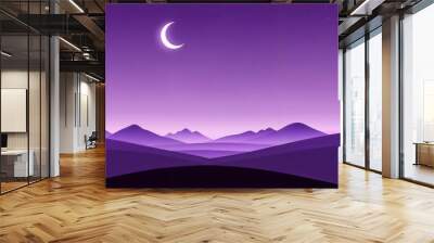 Vector illustration of landscape with mountains and purple sky Wall mural