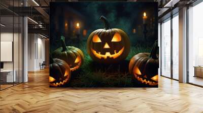 Haunting Halloween Night Mansion, Glowing Jack-o'-Lanterns, and Ghostly Figures Wall mural