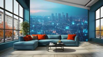 Smart city and communication network concept.(Internet of Things). Telecommunication image Wall mural