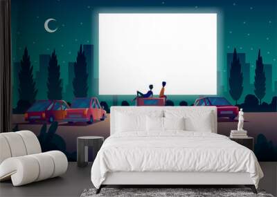 Car street cinema. Drive-in theater with automobiles stand in open air parking at night. Large outdoor screen. Cinema night vector banner in cartoon style Wall mural