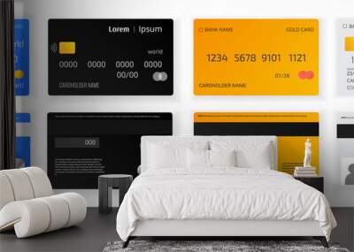 Card credit banks. Two sided, front and back. Set of detailed realistic debit cards on white background. Credit card templates design for presentation. Money, payment symbols Wall mural