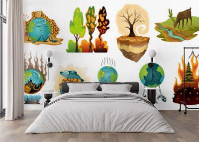 Collection of earth global warming illustration. Warning ecology posters. Concept global planet drought icons. Poorly globe characters of cartoon earth Wall mural