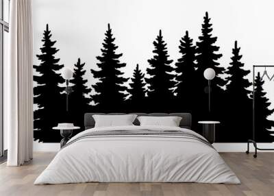 Fir trees silhouette. Coniferous spruce horizontal background pattern, black evergreen woods vector illustration. Beautiful hand drawn panorama with treetops forest Wall mural