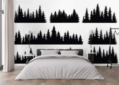 Fir trees silhouettes set. Coniferous spruce horizontal background patterns, black evergreen woods vector illustration. Beautiful hand drawn panorama with treetops forest. Black pine woods Wall mural