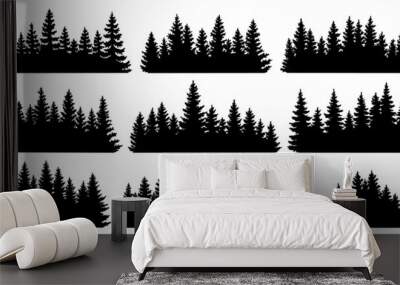 Fir trees silhouettes. Coniferous spruce horizontal background patterns, black evergreen woods vector illustration. Beautiful hand drawn panorama with treetops forest Wall mural