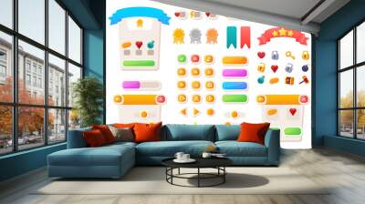 Game UI buttons. Mobile application or game interface elements. Cartoon colorful design. Progress bar, panel and indicators. Video gaming menu kit. Isolated medals and prizes Wall mural