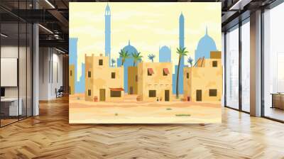 Middle east. Arabic desert landscape with traditional mud brick houses. Ancient building on background. Flat vector illustration Wall mural