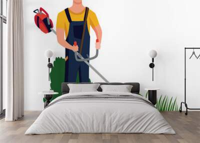 Professional gardener working on backyard and mowing lawn with electric mower. Male handyman cutting grass in garden. Colored flat cartoon  illustration of professional worker Wall mural