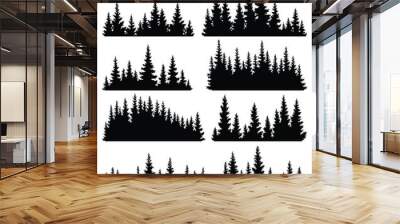 Set of fir trees silhouettes. Coniferous spruce horizontal background patterns, black evergreen woods vector illustration. Beautiful hand drawn panoramas of coniferous forest Wall mural