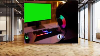 Green computer screen, selective focus on teenage headset using computer in a dark room. Teenage wearing a headset with a mic, dark room with warm led lights. Wall mural