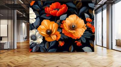 Elegant red and orange anemone flowers seamless pattern. Artistic style. Generative ai Wall mural