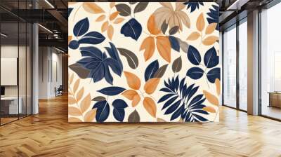 Seamless elegant tropical monstera leaf pattern in navy blue and orange Wall mural