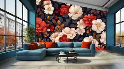 Seamless floral pattern with red and white flowers on dark background Wall mural