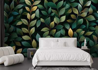 Seamless leaf pattern with green and gold foliage illustration Wall mural