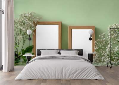 Two wooden photo frames with white flowers on green background, transparent png Wall mural