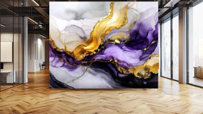 Violet color and gold glitter alcohol ink pattern, artistic paint background. Generative ai Wall mural