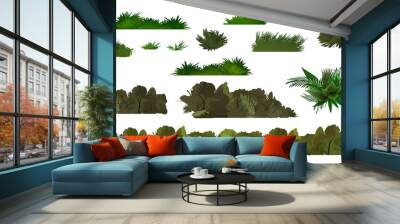 Vector green tree and bush on white background. Summer forest. Vector design. Clean vector landscape like jungle. Tropical collection leaves, grass and bushes Wall mural