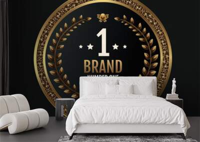 Vintage round logo template with a gold label, representing brand number one, set against a black background. A vector emblem or luxury gold sticker, symbolizing business guarantee. Wall mural