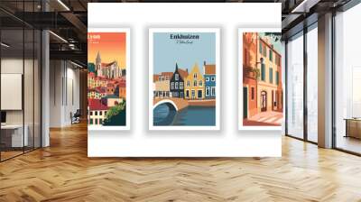 Aix En Provence, France. Enkhuizen, Netherlands. Lyon, France - Vintage travel poster. High quality prints Wall mural