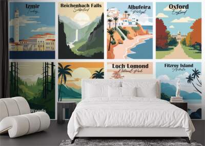 Albufeira, Portugal. Fitzroy Island, Australia. Izmir, Turkey. Loch Lomond, National Park. Maui, Hawaii. Muir Woods, National Monument. Oxford, England. Reichenbach Falls, Switzerland. Wall mural