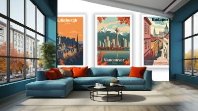 Budapest, Hungary. Edinburgh, Scotland. Vancouver, Canada. Vintrage travel poster. Wall Art and Print Set for Hikers, Campers, and Stylish Living Room Decor. Wall mural