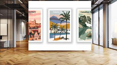 Canadian Rockies, Canada, Canary Islands, Spain, Canterbury, England - Vintage travel poster. Vector illustration. High quality prints Wall mural