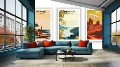 Finger Lakes, New York State. Fort Bragg, California. Franz Josef Glacier, National Park - Set of 3 Vintage Travel Posters. Vector illustration. High Quality Prints Wall mural