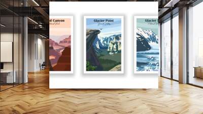 Glacier Bay, National Park. Glacier Point, Yosemite Valley. Grand Canyon, National Park - Vintage travel poster. Vector illustration. High quality prints Wall mural