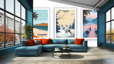 Lake Maggiore, Switzerland. Lanzarote, Spain. Lapland, Finland - Vintage travel poster. Vector illustration. High quality prints Wall mural