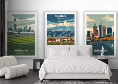 Melbourne Cricket Ground, Melbourne, Australia, Mendoza, Argentina - Set of 3 Vintage Travel Posters. Vector illustration. High Quality Prints Wall mural